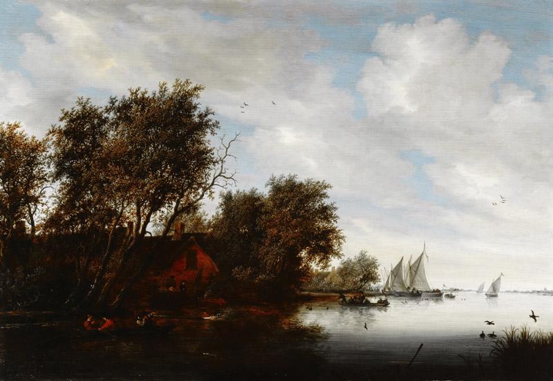 Salomon van Ruysdael - River View with a Man Hunting Ducks