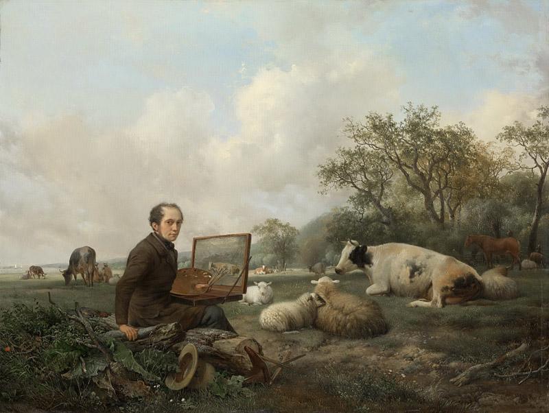 Sande Bakhuyzen, Hendrikus van de -- De schilder zelf, schilderend in een weidelandschap met vee, 1850