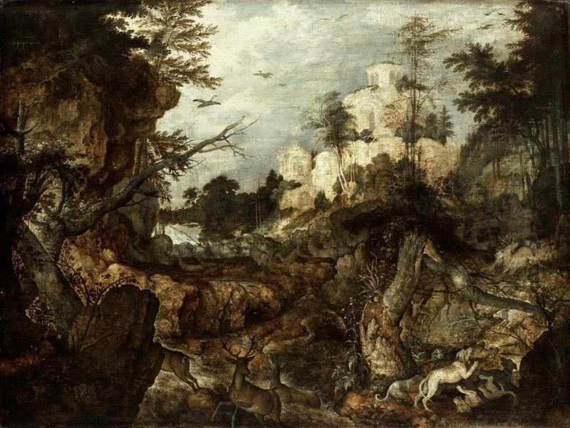 Savery, Roelant -- Everzwijnjacht in een rotsachtig landschap, 1620