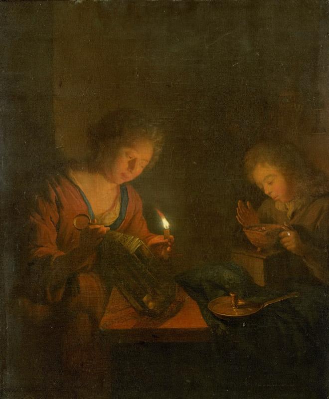 Schalcken, Godfried -- Een meisje plaatst een kaars in een lantaarn en een jongen verzorgt een vuurtest voor een stoof, 1690-1706
