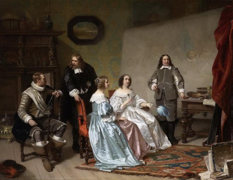 Scholten, Hendrik Jacobus -- De prinses van Oranje bezoekt het atelier van Bartholomeus van der Helst, op de achtergrond de Schuttersmaaltijd van 1648