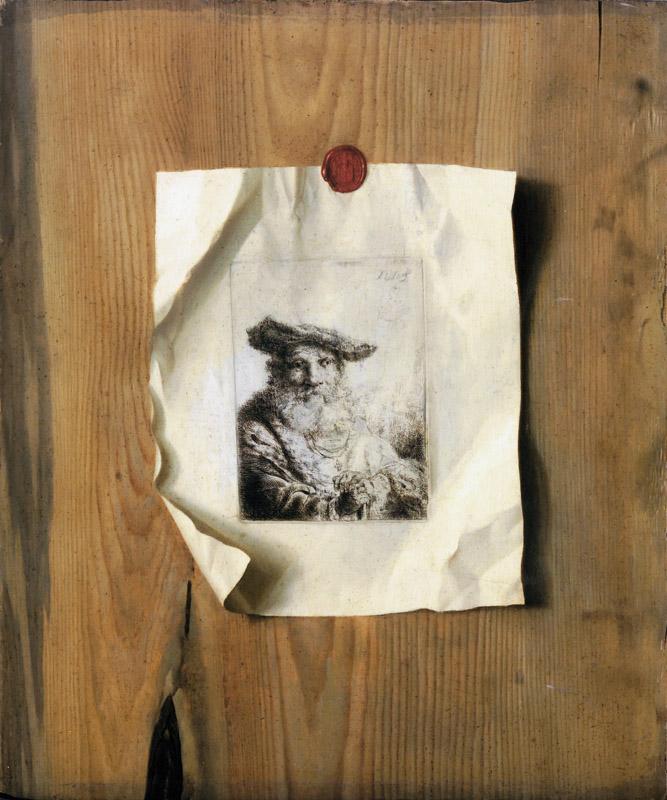 Sebastian Stosskopf - Trompe l oeil with an etching by Ferdinand Bol of an old man with a flowing