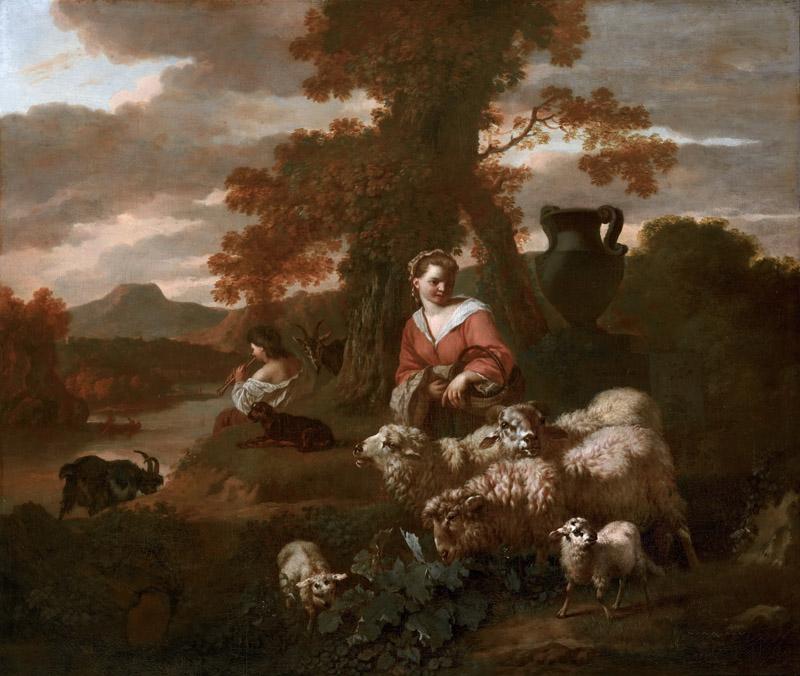Simon van der Does - Shepherdess and Shepherd with Sheep and Goats