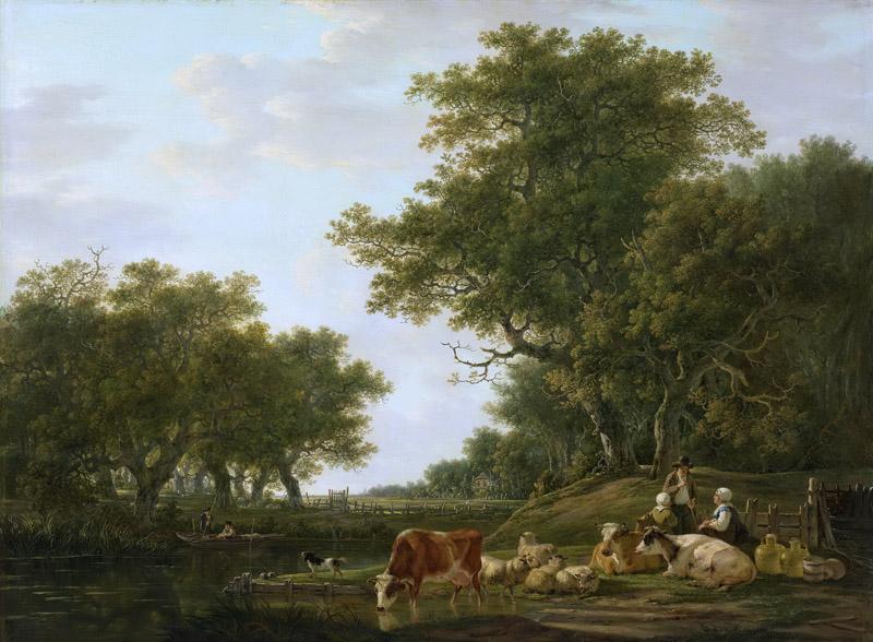 Strij, Jacob van -- Landschap met landlieden bij hun vee en hengelaars op het water, 1800-1810