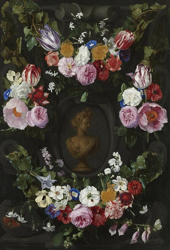 Thielen, Jan Philip van -- Festoen van bloemen om een buste van Flora, 1665