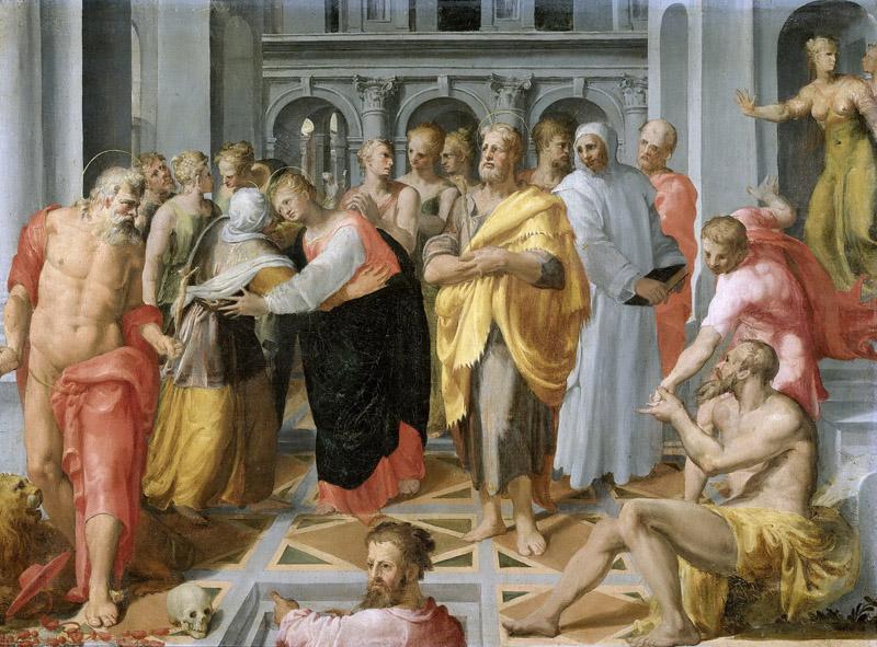 Tibaldi, Pellegrino -- De ontmoeting van Maria en Elisabeth in aanwezigheid van de heilige Hieronymus, de heilige Jozef en andere personen, 1550-1600