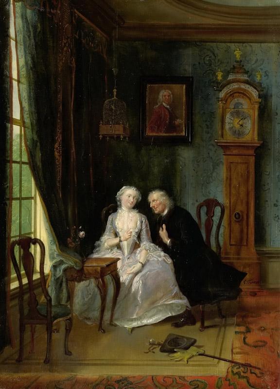 Troost, Cornelis -- De wanhebbelijke liefde, misschien de scene van de weduwnaar Joost bij Lucia, 2de toneel uit het gelijknamige stuk van C J van der Lijn, 1720 - 1750