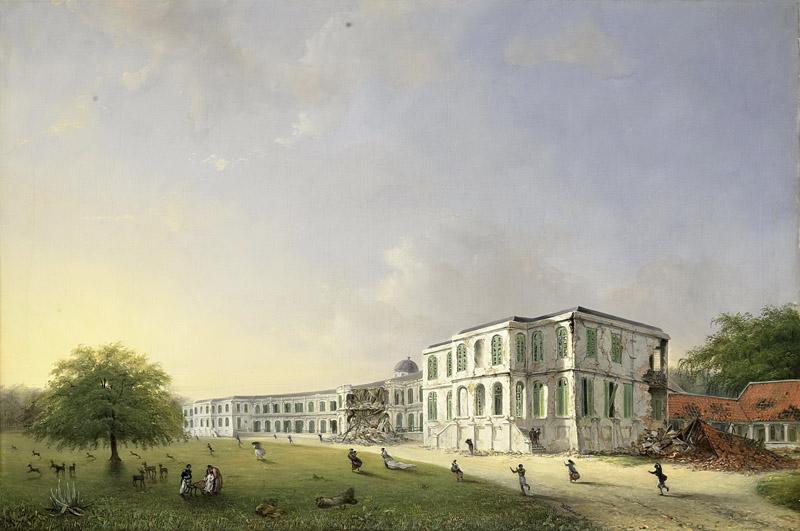 Troost, Willem (II) -- De voorzijde van het paleis te Buitenzorg na de aardbeving van 10 oktober 1834