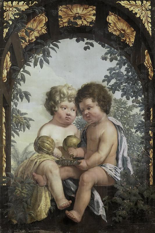 Unknown artist -- Christelijke allegorie met twee kinderen die elk een karaf in een schaal uitgieten, 1650-1699