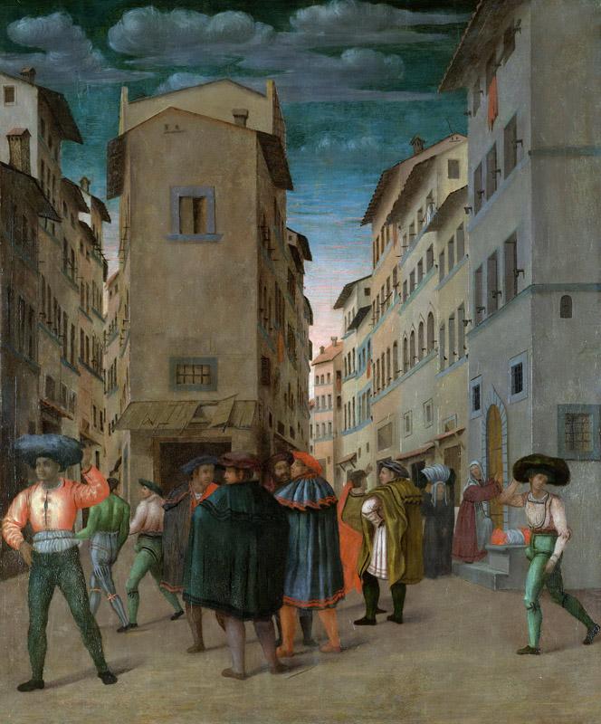 Unknown artist -- Florentijnse straatscene met twaalf figuren, 1540-1560