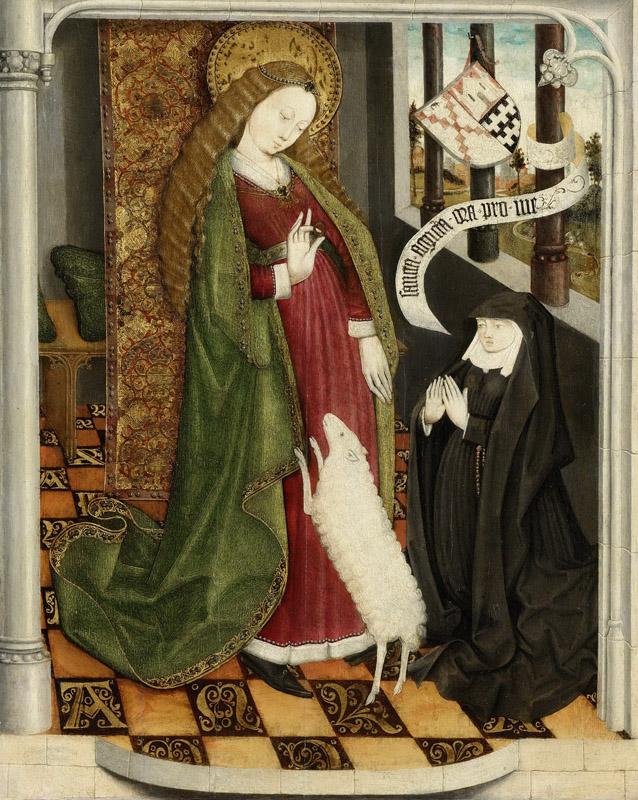 Unknown artist -- Geertruy Haeck-van Slingelandt van der Tempel knielt in gebed voor de heilige Agnes, 1460-1470
