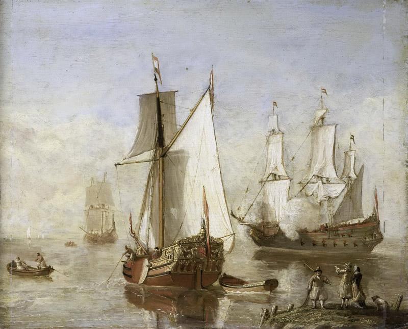 Unknown artist -- Speeljacht en oorlogsschip, 1675-1699