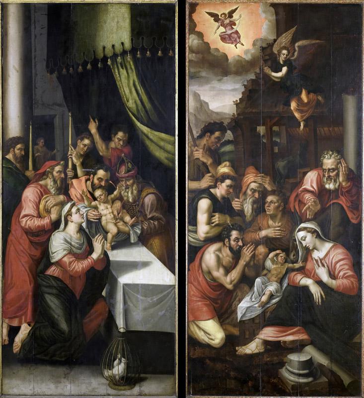 Unknown artist -- Twee zijluiken van een altaarstuk met de besnijdenis (links) en de aanbidding der herders (rechts), 1570