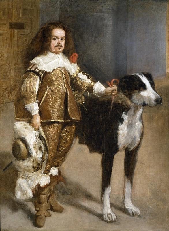 Velazquez, Diego Rodriguez de Silva y (Circulo de)-Retrato de bufon con perro