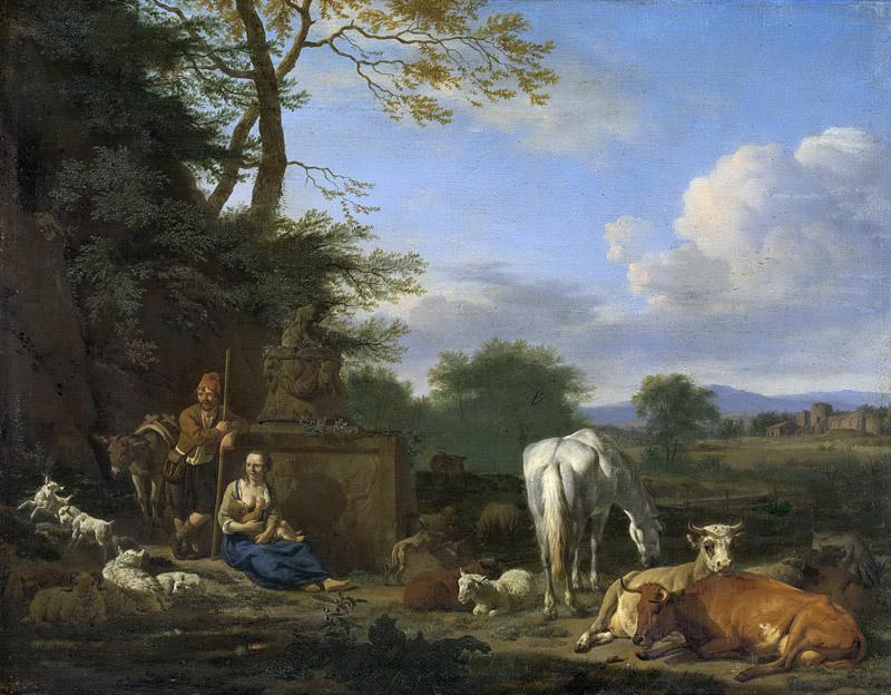 Velde, Adriaen van de -- Arcadisch landschap met rustende herders en vee, 1664