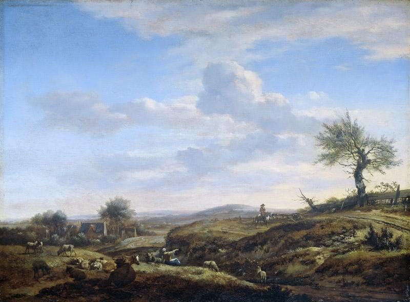 Velde, Adriaen van de -- Heuvelachtig landschap met hoge weg, 1660-1672