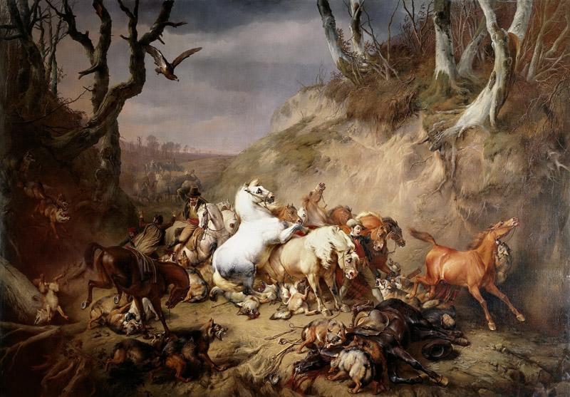Verboeckhoven, Eugene Joseph -- Hongerige wolven overvallen een groep ruiters, 1836
