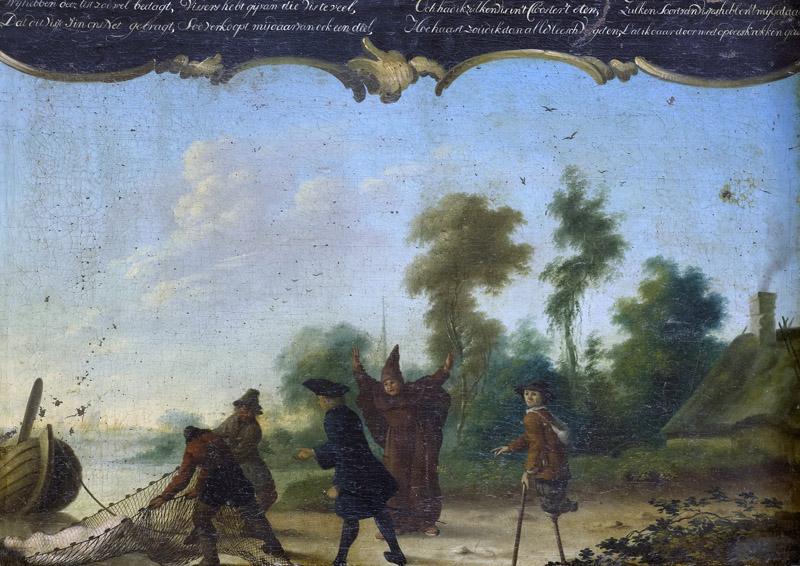 Vianey, Joseph Pierre -- Allegorie op de vrije liefde, een heer, een monnik en een bedelaar sprekend met twee vissers die een vrouw in een net gevangen hebben, 1761