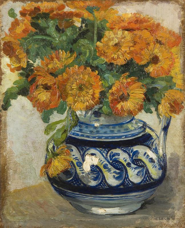 Vincent van Gogh-Still life of marigolds in a Westerwald jug