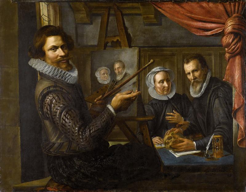 Vollenhoven, Herman van -- De schilder in zijn werkplaats bezig met het portretteren van een echtpaar, 1612