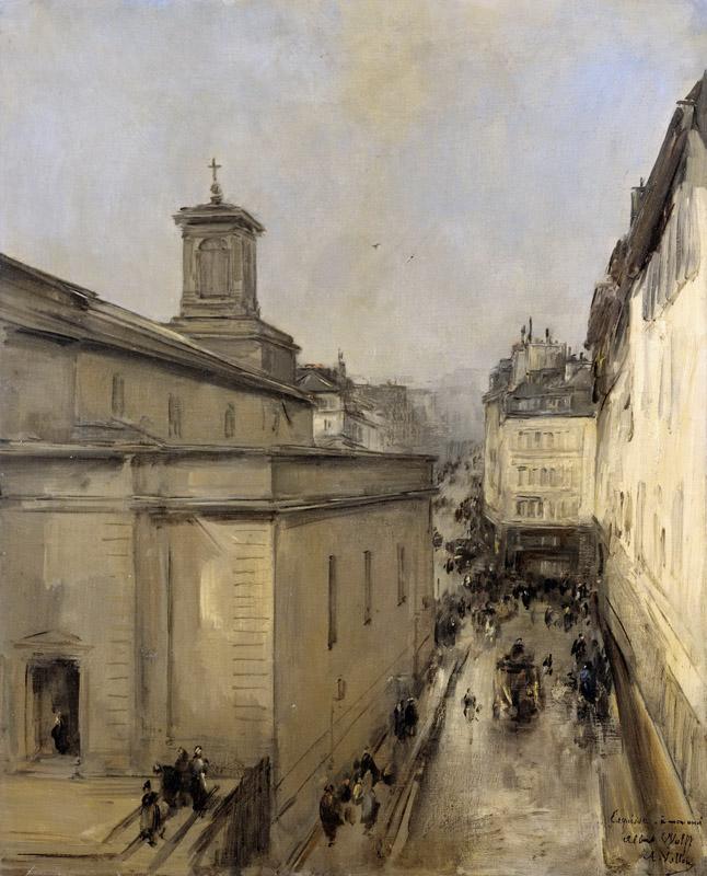 Vollon, Antoine -- Gezicht op de Notre Dame de Lorette en de Rue Flechier te Parijs, 1860-1900