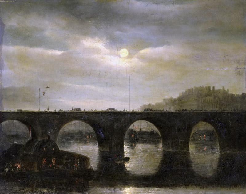 Waldorp, Antonie -- Gezicht op een Seinebrug te Parijs bij maanlicht, 1835