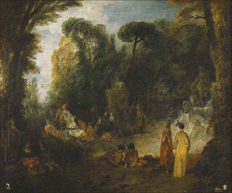 Watteau, Jean Antoine-Fiesta en un parque-47,2 cm x 56,9 cm