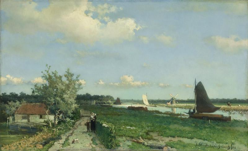 Weissenbruch, Johan Hendrik -- Gezicht bij de Geestbrug, de Trekvliet bij Rijswijk met in de verte links kasteel De Binckhorst en rechts de Laakmolen, 1868