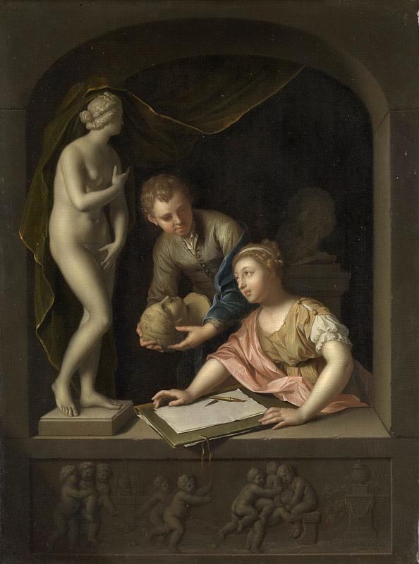 Werff, Pieter van der -- Een tekenares en een jongen bij een beeld van Venus, 1715