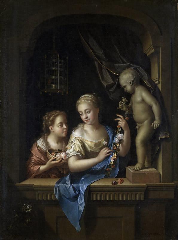 Werff, Pieter van der -- Twee meisjes met bloemen bij een beeld van Cupido, 1713