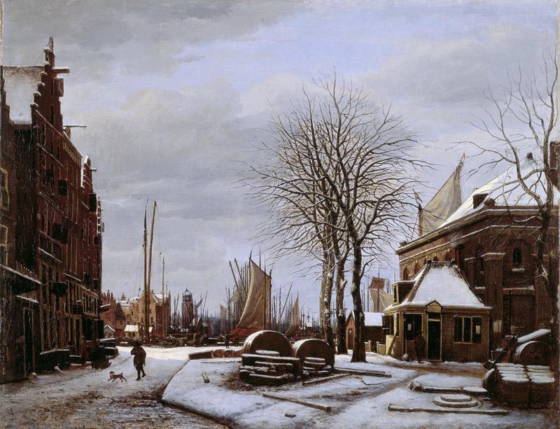 Westenberg, George Pieter -- De Slijpsteenmarkt in Amsterdam met het gebouw Het Zeerecht in de winter, 1817