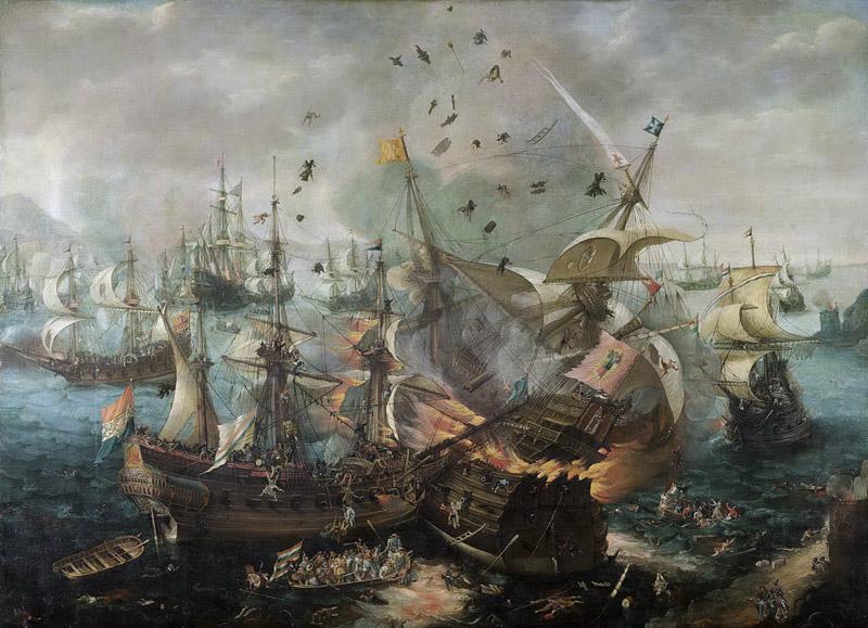 Wieringen, Cornelis Claesz. van -- Het ontploffen van het Spaanse admiraalsschip tijdens de zeeslag bij Gibraltar, 25 april 1607