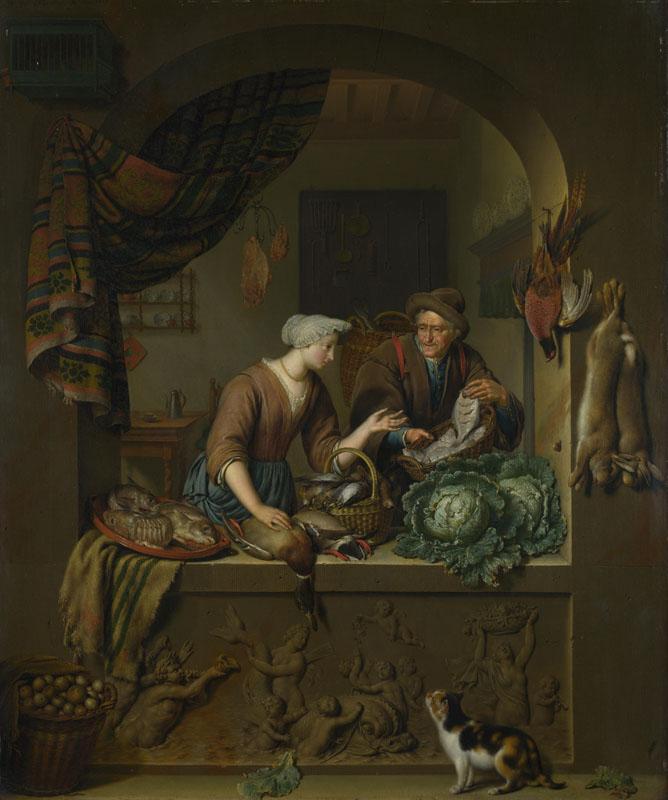 Willem van Mieris - A Woman and a Fish-pedlar in a Kitchen