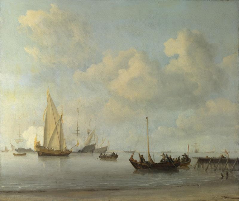Willem van de Velde - Boats pulling out to a Yacht in a Calm