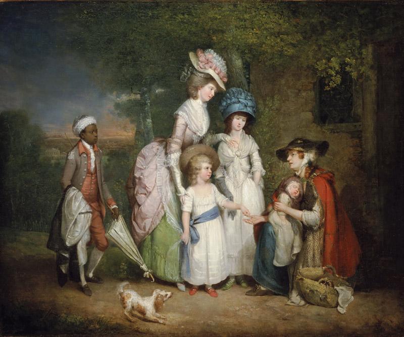 William Redmore Bigg, English, 1755-1828 -- A Lady and Her Children Relieving a Cottager