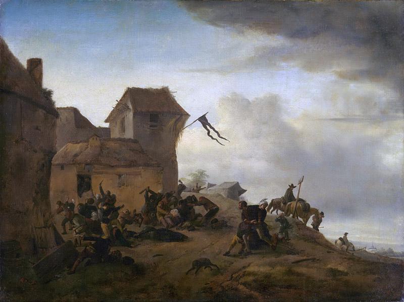 Wouwerman, Philips -- Vechtende boeren bij een dorp, 1650-1668